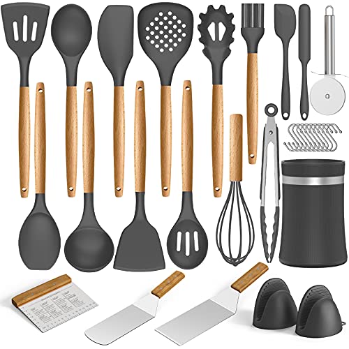Silicone Cooking Utensil Set,Umite Chef 8-Piece Kitchen Utensils Set with Natural Acacia Wooden Handles Khaki Silicone Heads-Silicone Kitchen Gadgets and Spatula Set for Nonstick Cookware 
